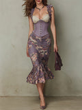 Retro-Elegant Corset Vest & Fishtail Print Skirt Set