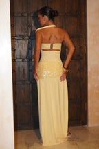 Cream Yellow Halter Backless Sequin Waist-Cinching Split Maxi Dress