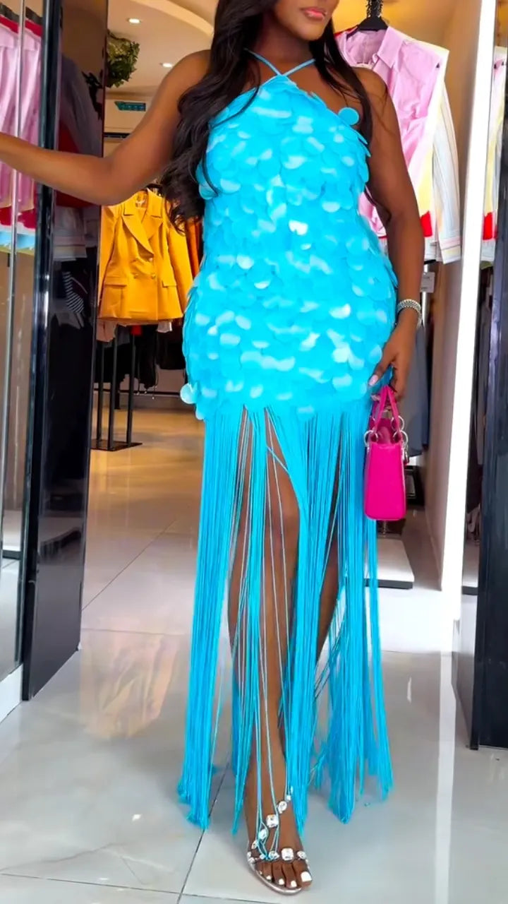 Turquoise Halter Sequin Fringe Maxi Dress