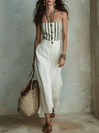 Effortless Boho Striped Strapless Top & White Maxi Skirt Set