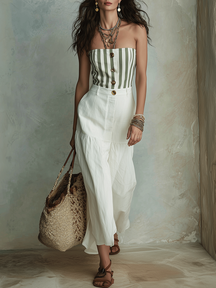 Effortless Boho Striped Strapless Top & White Maxi Skirt Set
