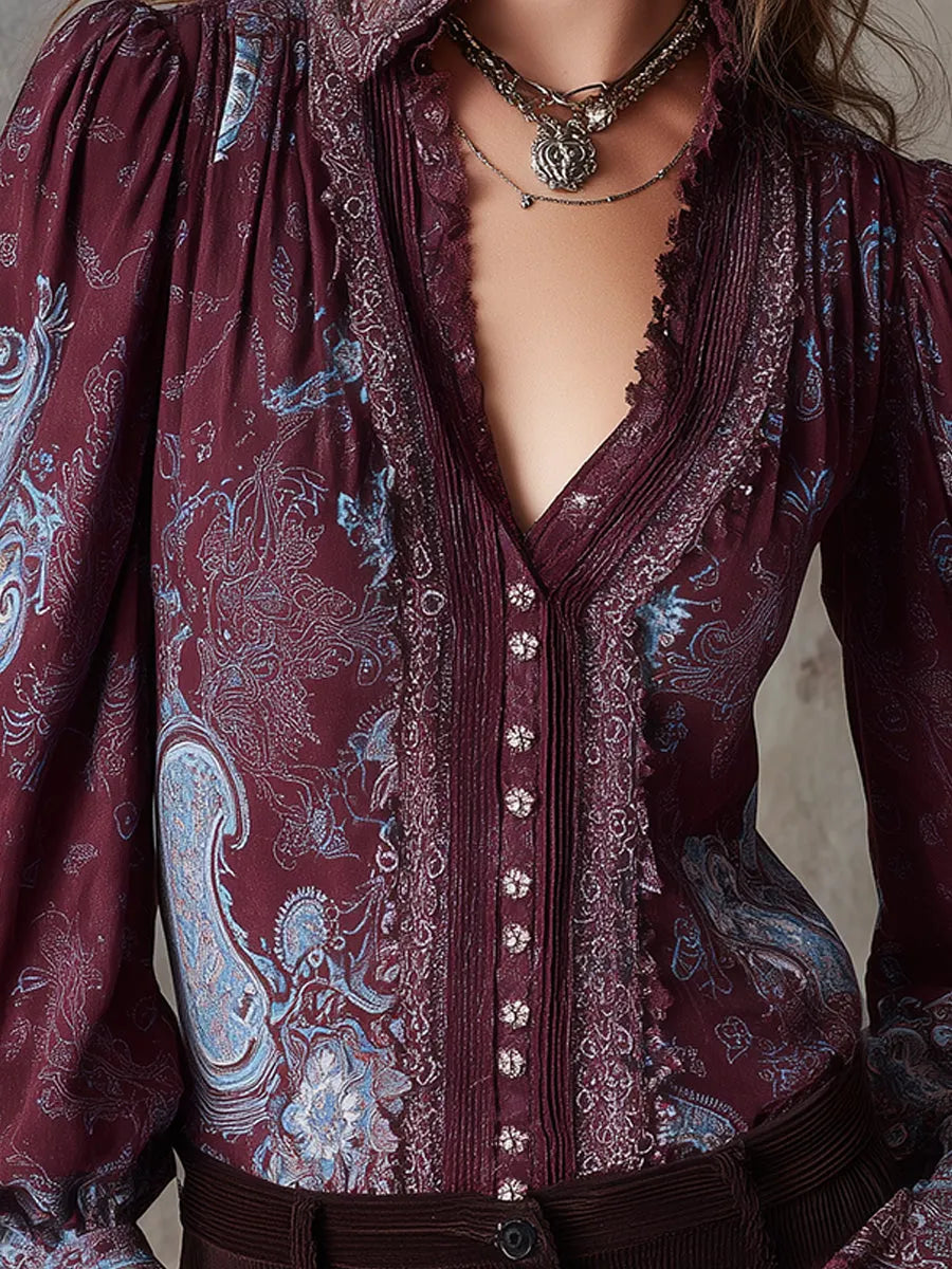 Bohemian Paisley Pattern Lace Puff Sleeves Mixed Cotton Blouse