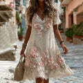 Women's Vintage Pink Flower Embroidery Art V Neck Short Sleeve Midi Dress