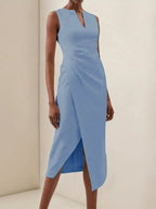 White V Neck Sleeveless Slit Sheath Midi Dress