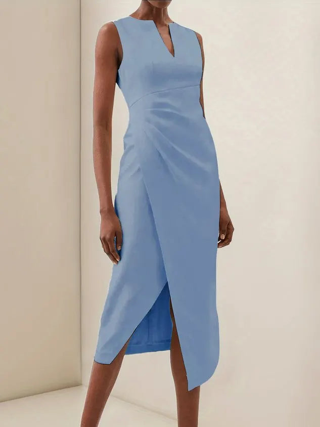 White V Neck Sleeveless Slit Sheath Midi Dress
