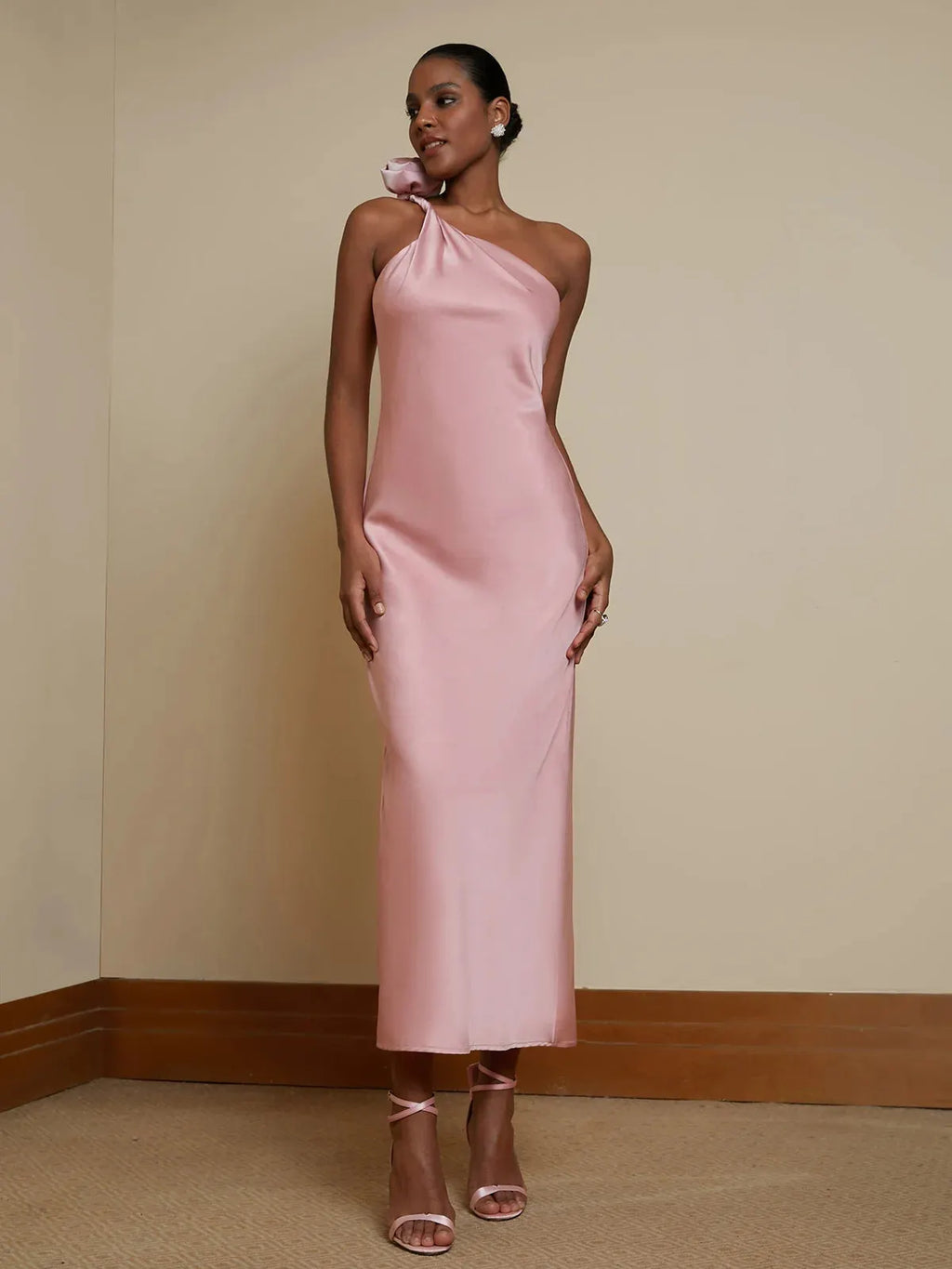 Pink Satin One-Shoulder 3D Floral Maxi Slip Dress