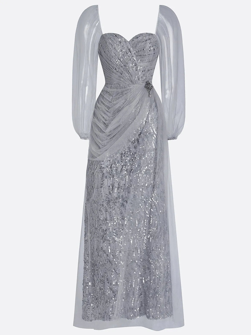 Silver Gray Buckle Sequin Sweetheart Neckline Long Sleeve Sheath Maxi Dress