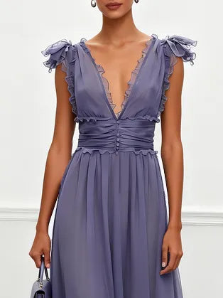 Deep Purple Ruffled Chiffon V Neck Sleeveless A-Line Gown Dress