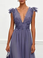 Deep Purple Ruffled Chiffon V Neck Sleeveless A-Line Gown Dress