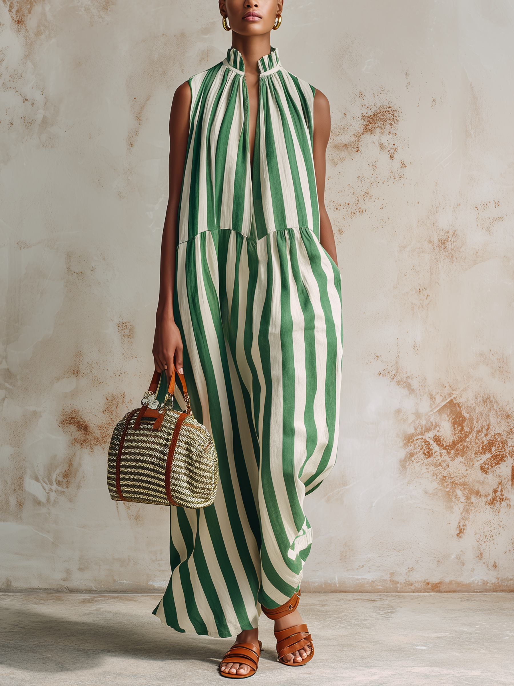 Green & White Striped Sleeveless Maxi Dress With Ruffle Neck