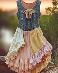 Summer Vacation Ruffle Lace Denim Patchwork Dress  d944