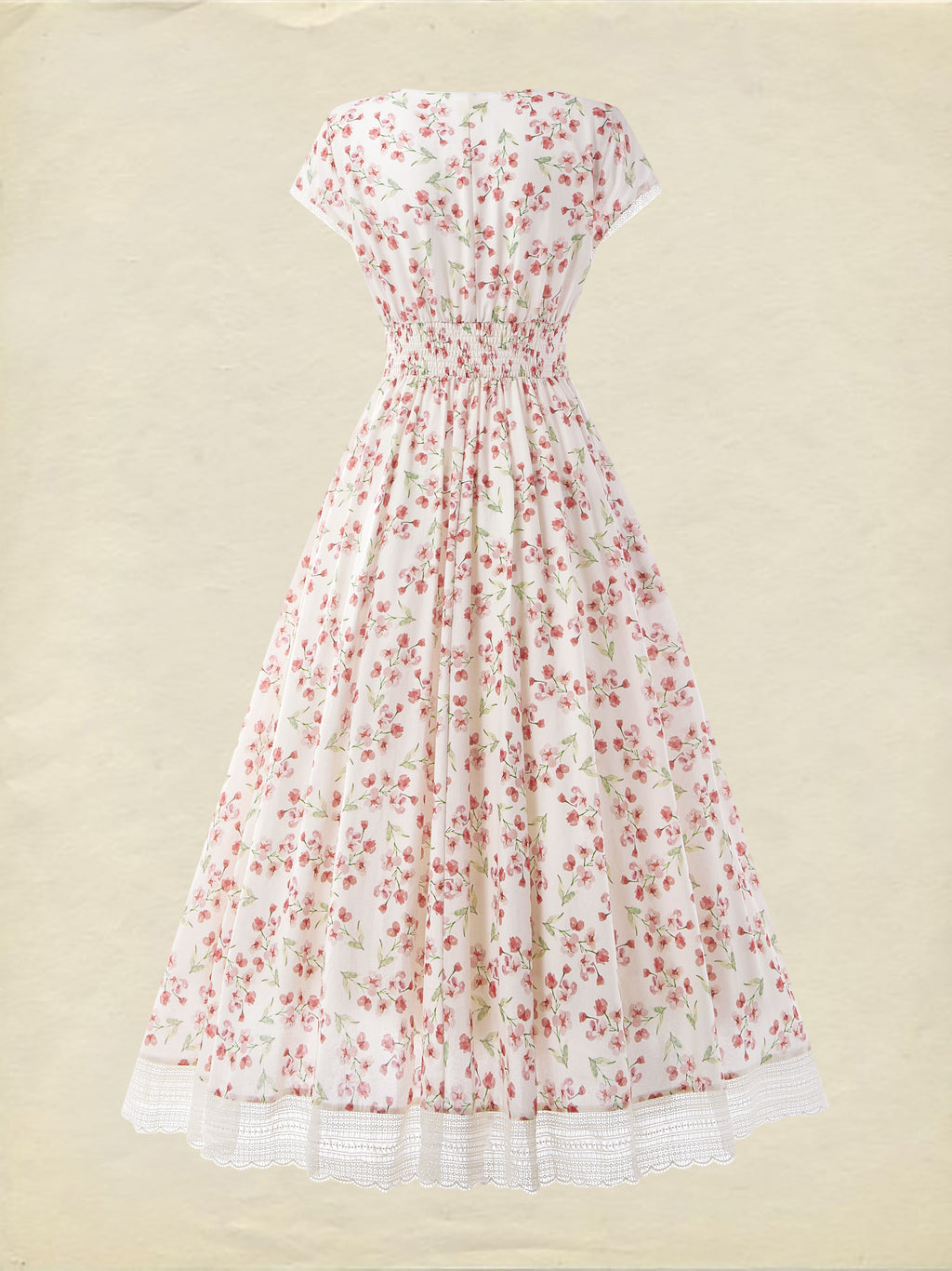(SIZE:XS-XXL) Linen Maxi Dress, Short Sleeve, Lace Collar, Floral, Vintage, White
