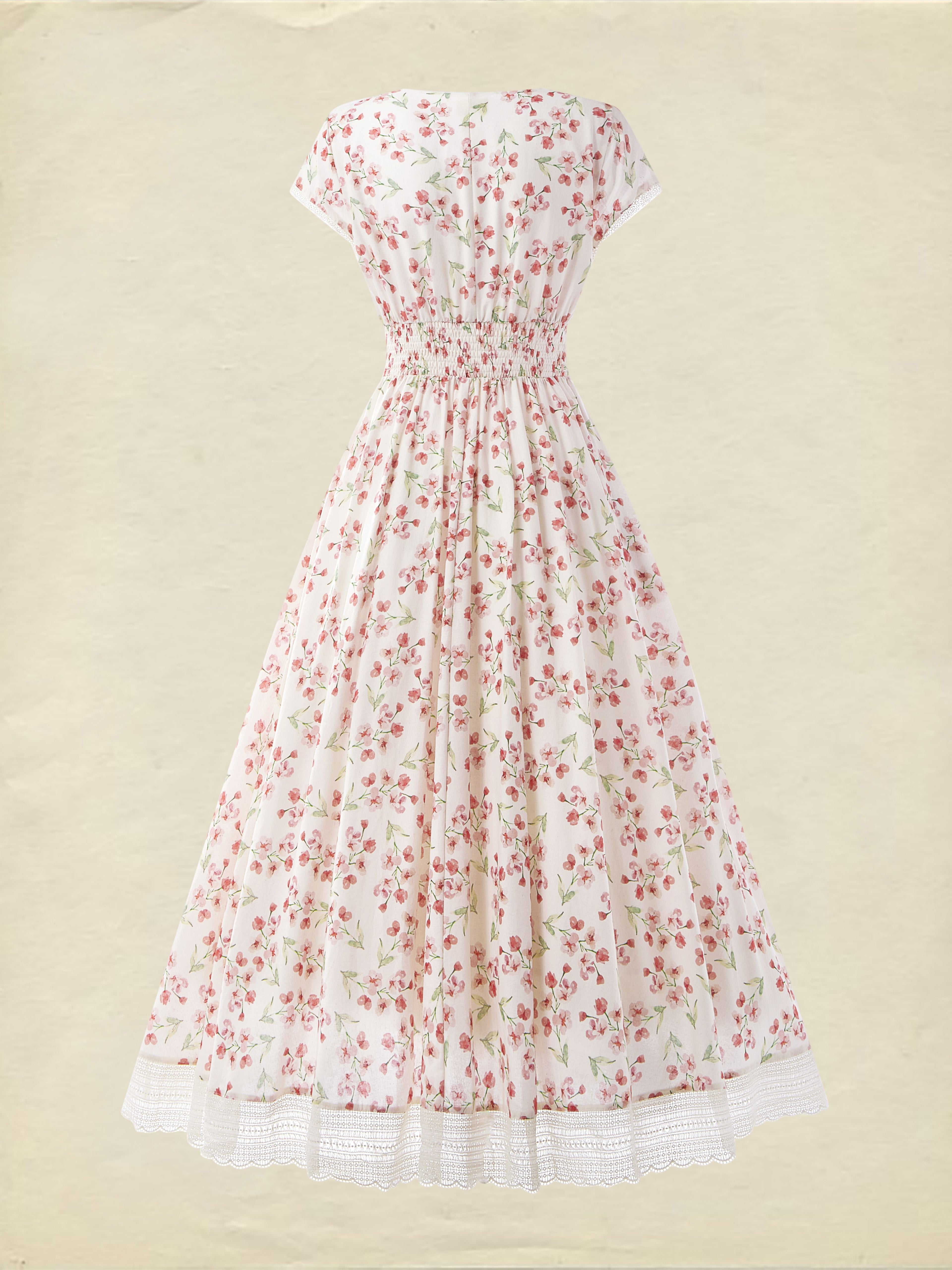 (SIZE:XS-XXL) Linen Maxi Dress, Short Sleeve, Lace Collar, Floral, Vintage, White
