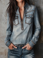 Vintage Western Light Wash Denim Zip-Front Shirt