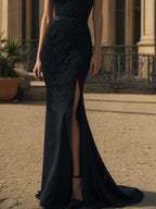 Black Lace Split Joint Classic Boat Neck Sleeveless Mermaid Gown Dress