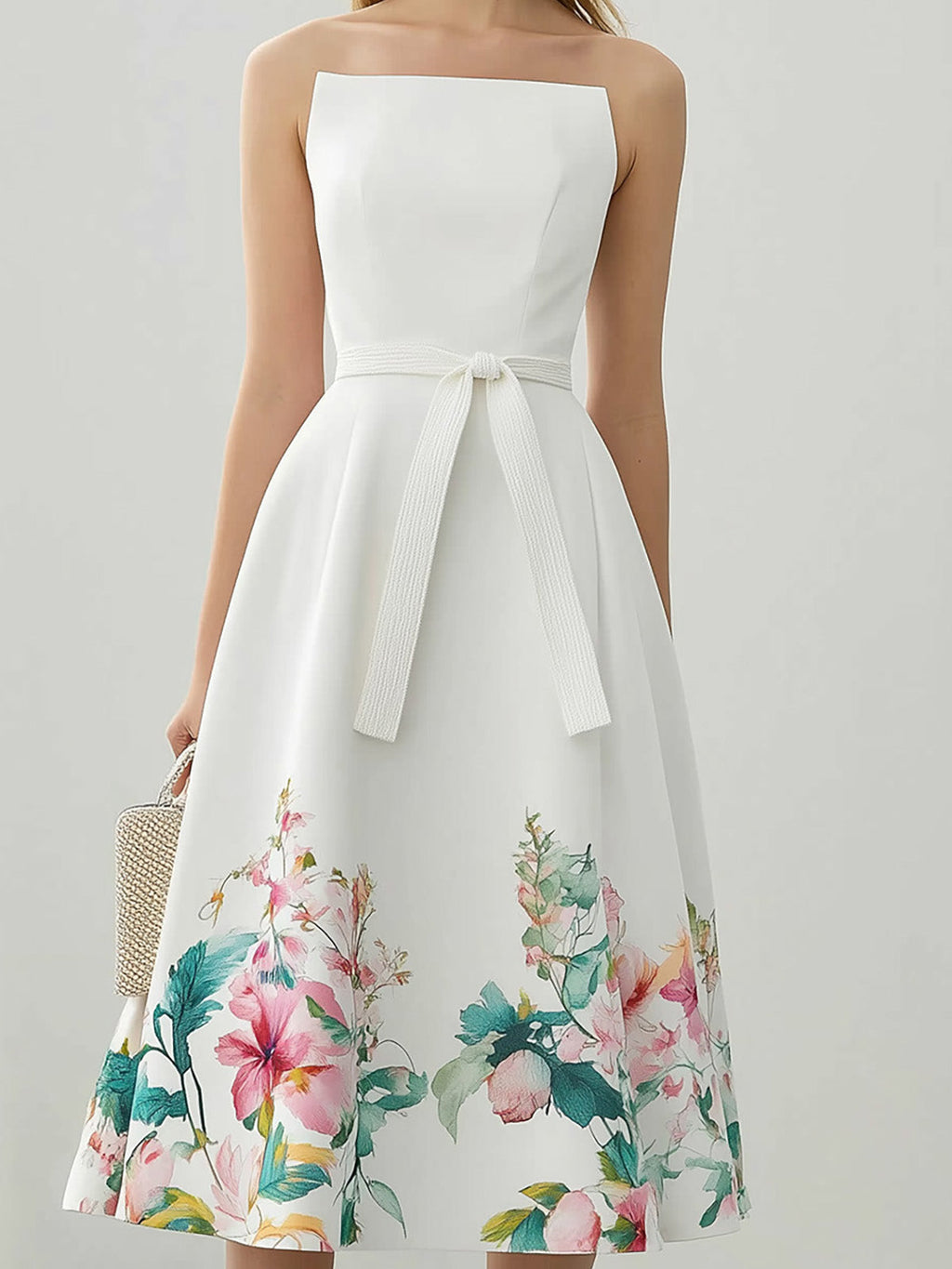 Chic Strapless Floral Satin Midi Dress with Matching Belt