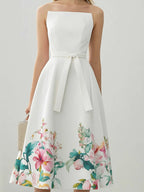 Chic Strapless Floral Satin Midi Dress with Matching Belt