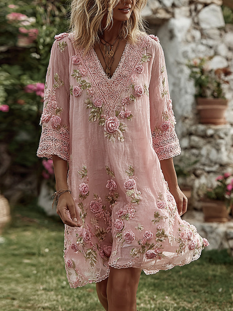 Women's Vintage Floral Art Print Flowy Linen Blend Casual Long Sleeve Mini Dress