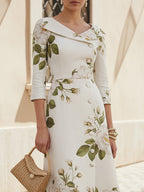Midi Linen Dress, Half Sleeve, Shawl Collar, Floral, Button Design, Vintage, White