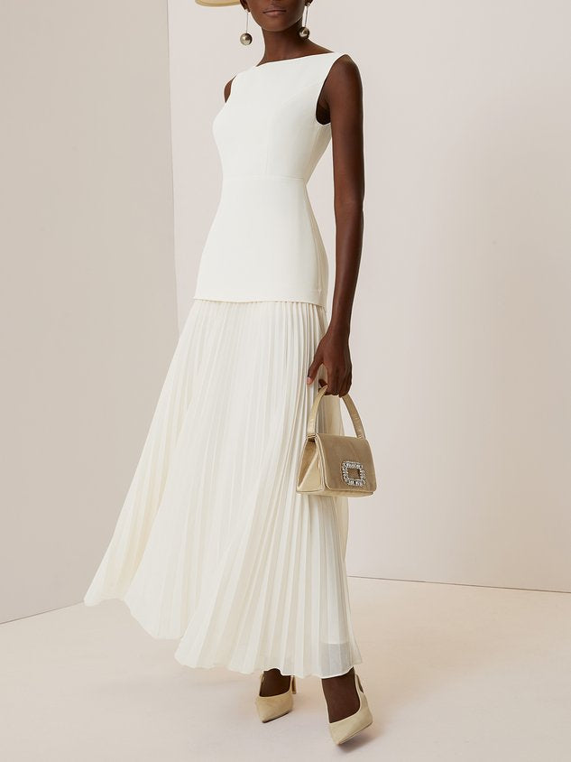 Off White Pleated Classic Boat Neck Sleeveless A-Line Floor-length Gown Dress