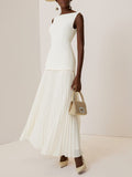 Off White Pleated Classic Boat Neck Sleeveless A-Line Floor-length Gown Dress