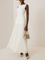 Off White Pleated Classic Boat Neck Sleeveless A-Line Floor-length Gown Dress
