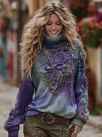Vintage Green And Purple Rose Art Cozy Knit Turtleneck Sweater
