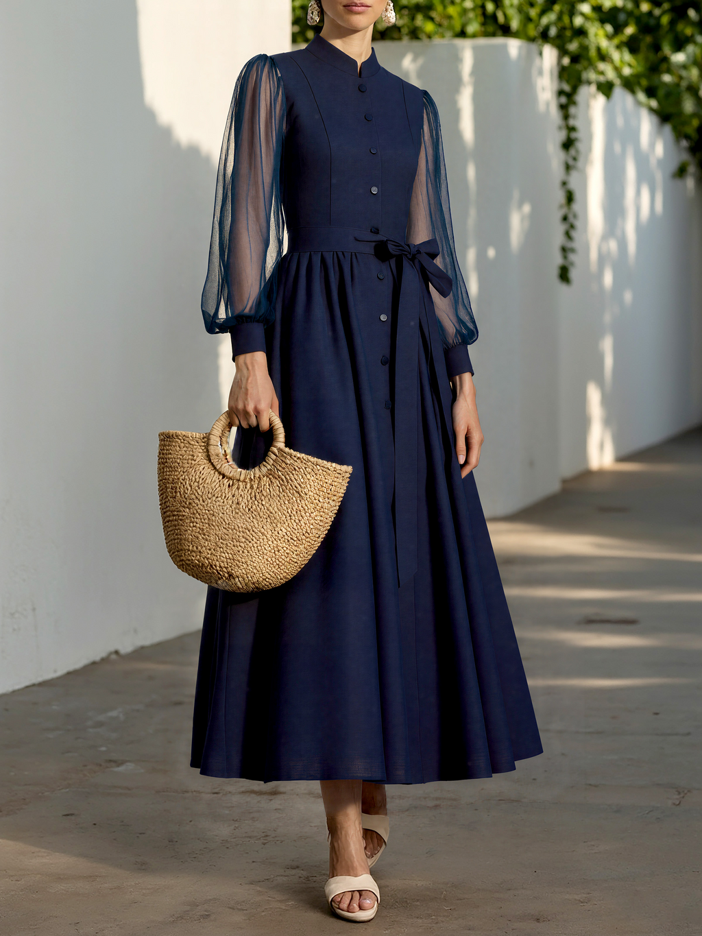 Maxi Cotton Dress, Long Sleeves, Stand Collar, Plain, Belt Design, French Vintage, Blue Purple