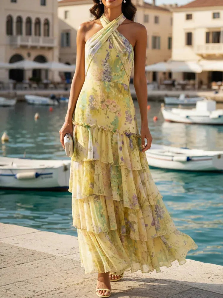 Yellow Ruffled Floral Chiffon Halter Sleeveless A-Line Maxi Dress