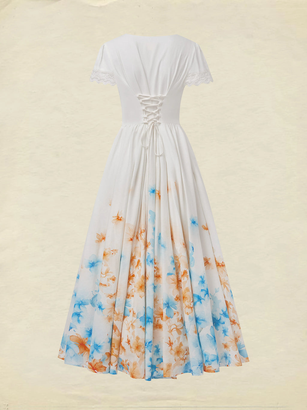 Linen Maxi Dress, Short Sleeve, Lace Collar, Floral, Vintage, White