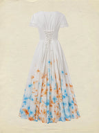 Linen Maxi Dress, Short Sleeve, Lace Collar, Floral, Vintage, White