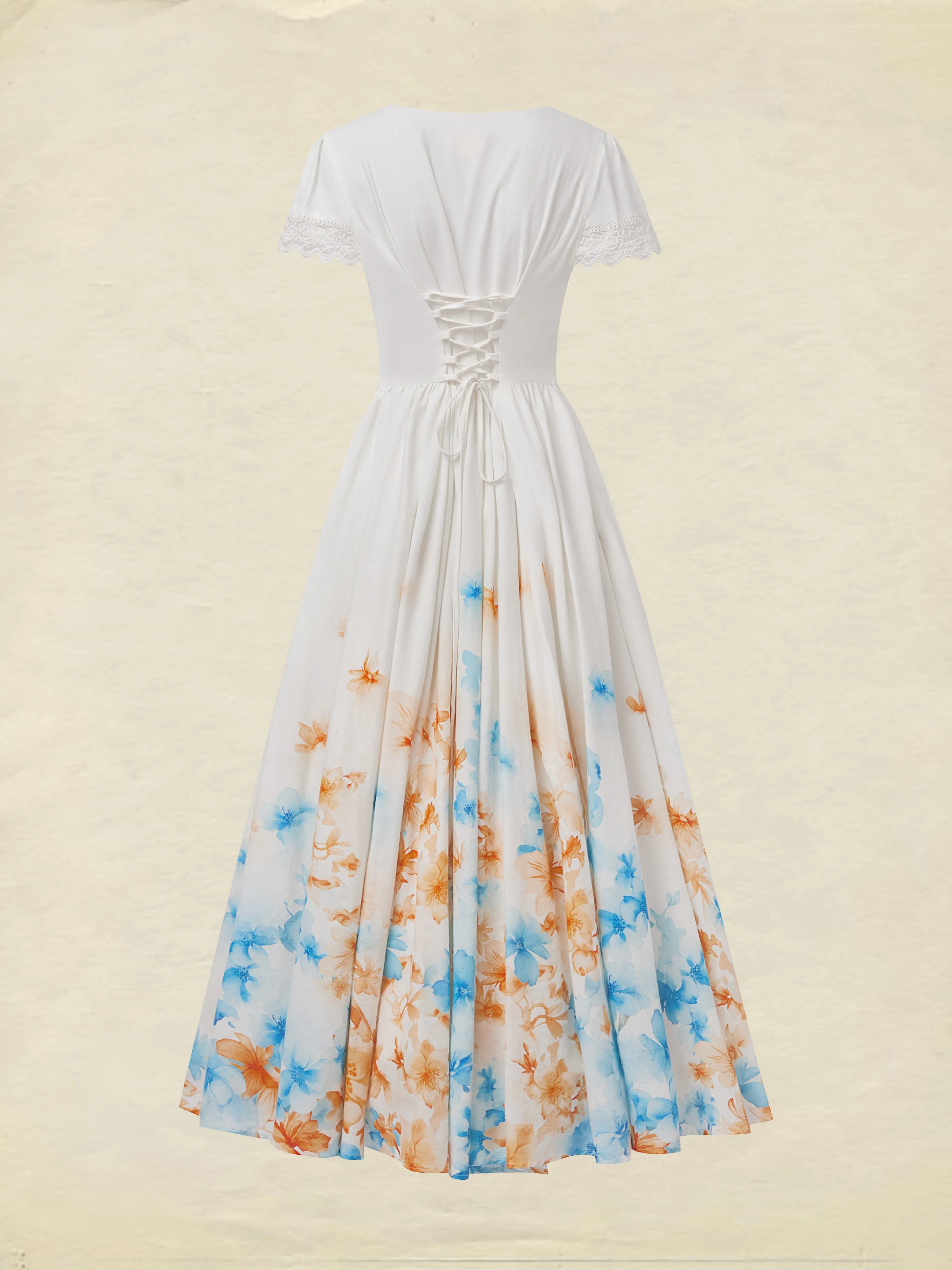 Linen Maxi Dress, Short Sleeve, Lace Collar, Floral, Vintage, White