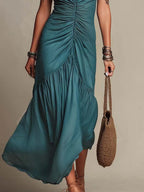 Bohemian Tencel Spaghetti Strap Ruched Tiered Maxi Dress