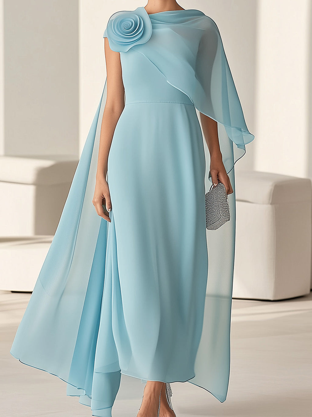 Chic Light Blue Chiffon Dress with 3D Floral Shoulder Detail