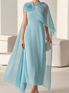 Chic Light Blue Chiffon Dress with 3D Floral Shoulder Detail