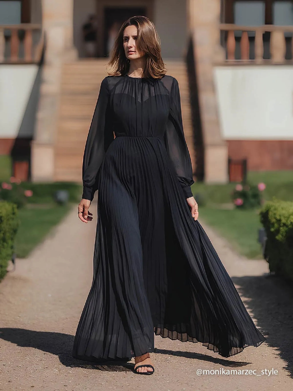 Black Mesh Ruched Chiffon Crew Neck Long Balloon Sleeve A-Line Maxi Dress