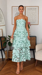 3D Floral Strapless Tiered Midi Dress