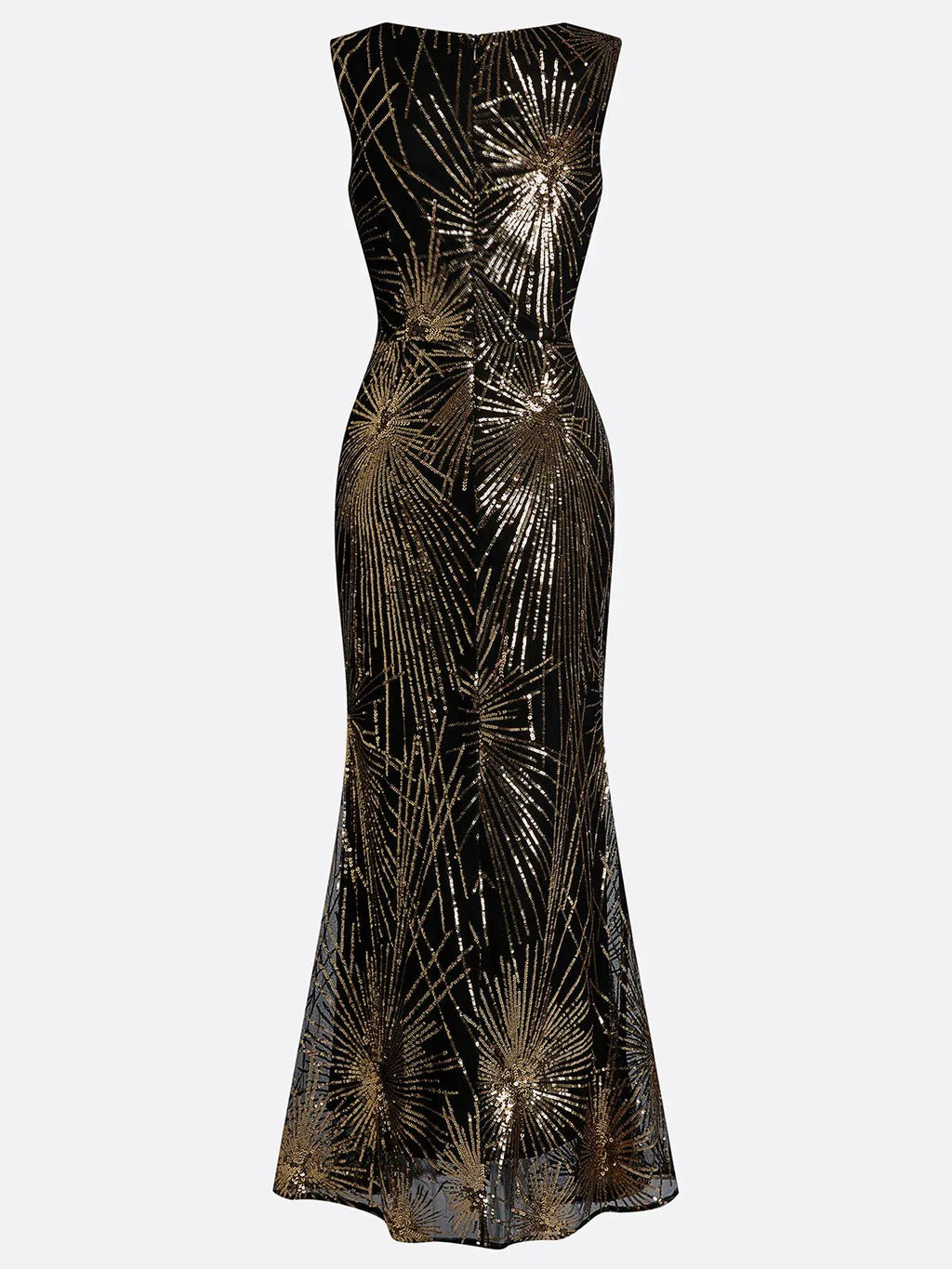 Golden-Black Sequin V Neck Sleeveless Sheath Gown Dress