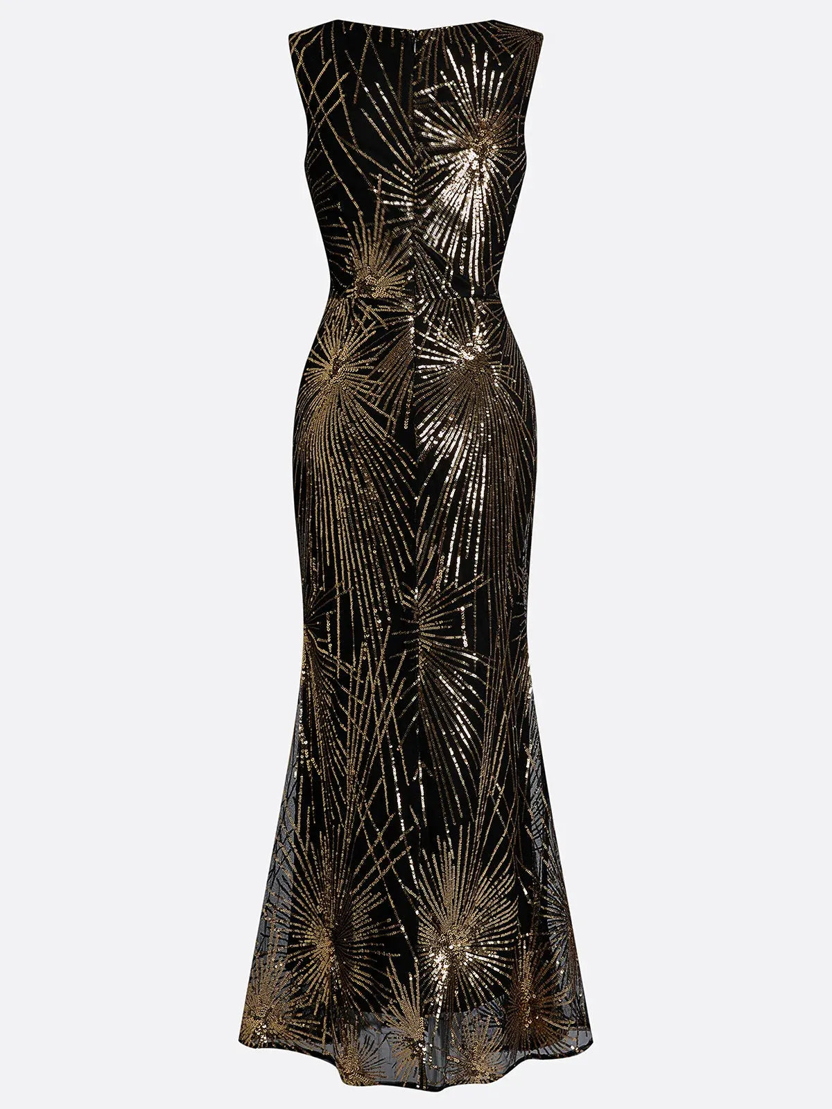 Golden-Black Sequin V Neck Sleeveless Sheath Gown Dress