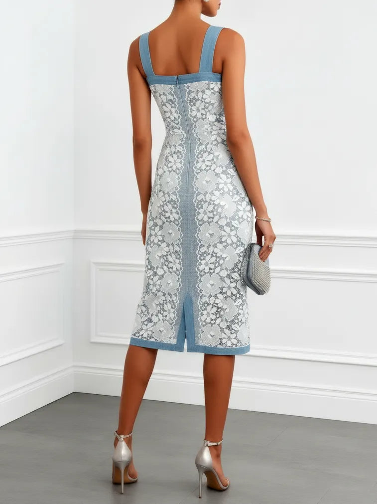 Light Blue Buckle Lace Denim Square Neck Sleeveless Sheath Midi Dress