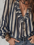Bohemian Striped Chiffon Blouse With Ruffles