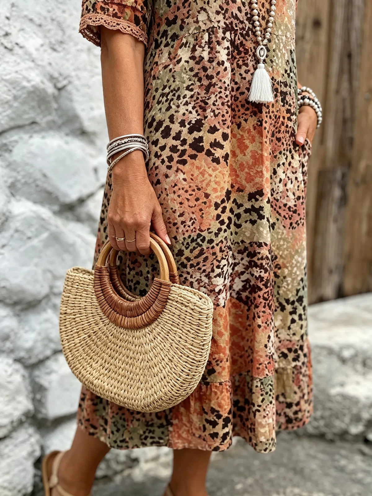 Vacation DRESS Women's Short Sleeve Summer Leopard Lace Dress V Neck Daily Going Out Casual Knee Length A-Line Khaki