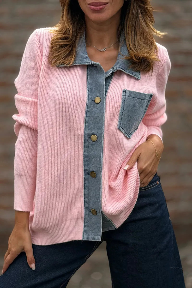 Women's Collar Denim Patchwork Casual Knit Jacket