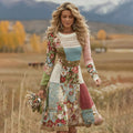 Women's Patchwork Floral Art Cozy Knit Sweater Dress