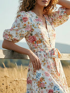 Maxi Linen Dress, Half Sleeve, V Neck, Floral, Button-decorated, Vacation, Vintage, White