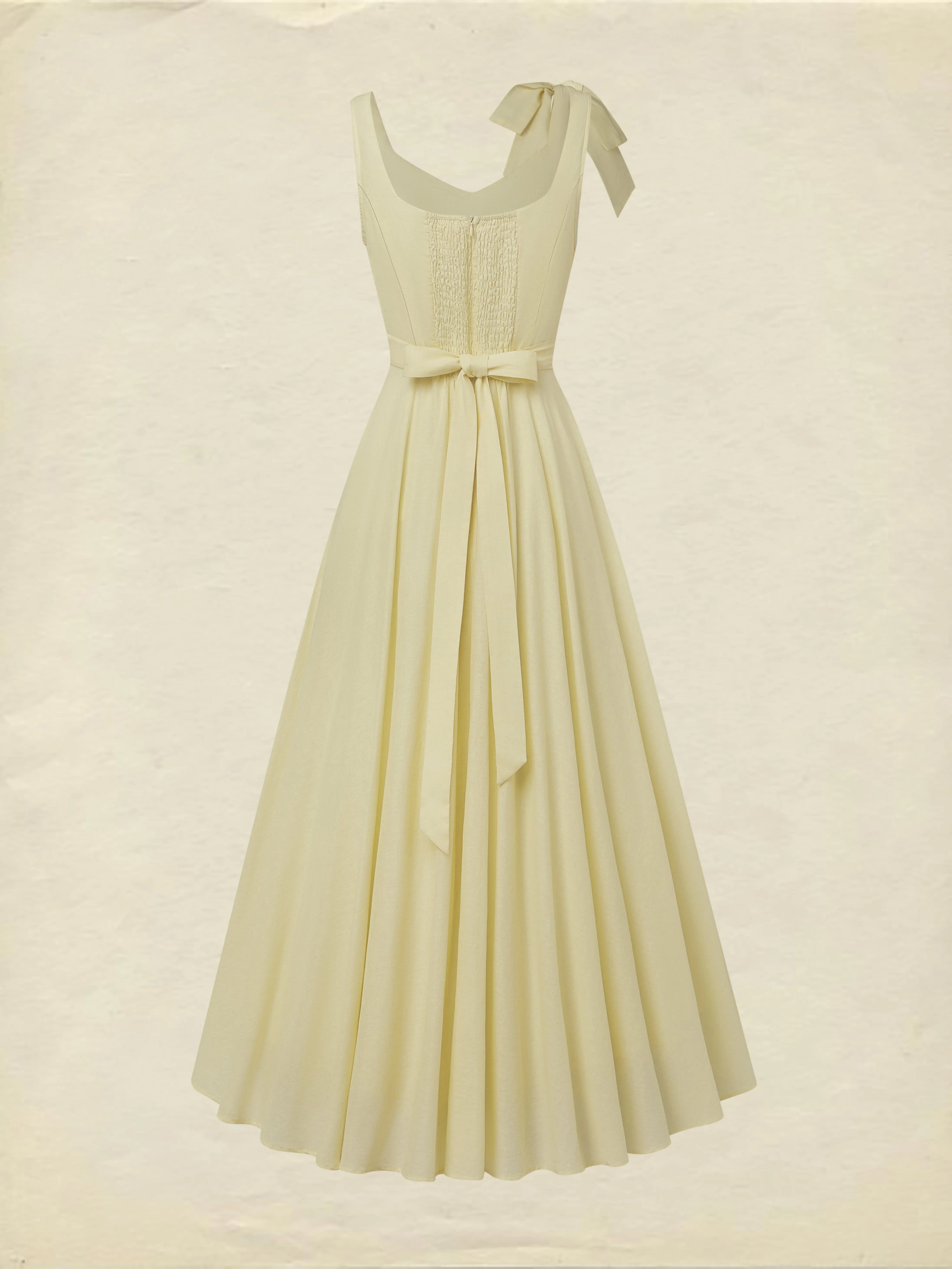 Maxi Linen Dress, Sleeveless, Square Neck, Plain, Bow, French Vintage, Light Yellow