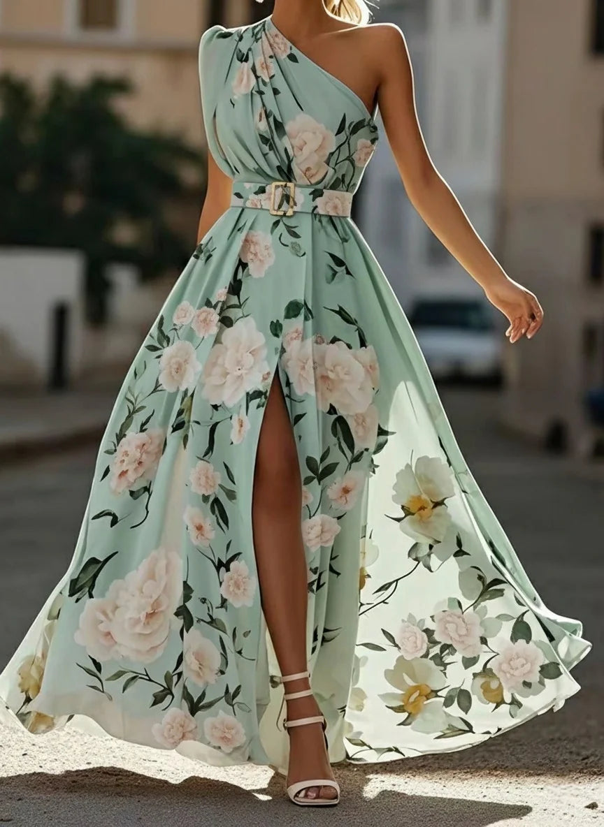 Lightgreen Ruched Slit Chiffon One Shoulder Sleeveless A-Line Floor-length Gown Dress