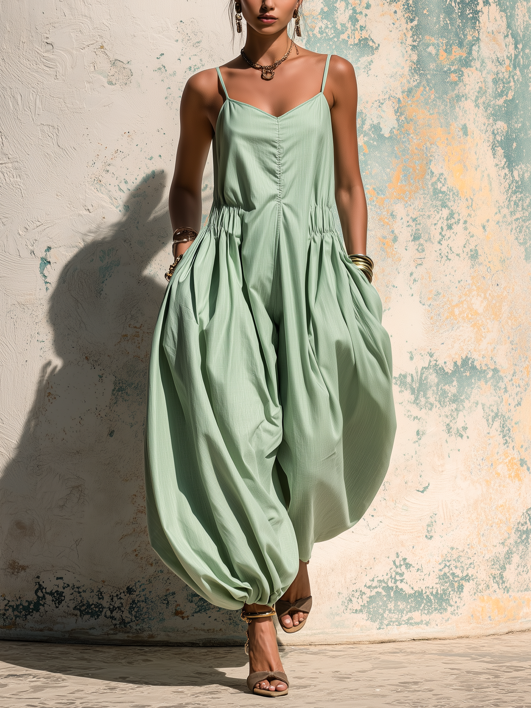 Sage Green Linen Blend Harem Jumpsuit | Casual Wide Leg Overall With Pockets