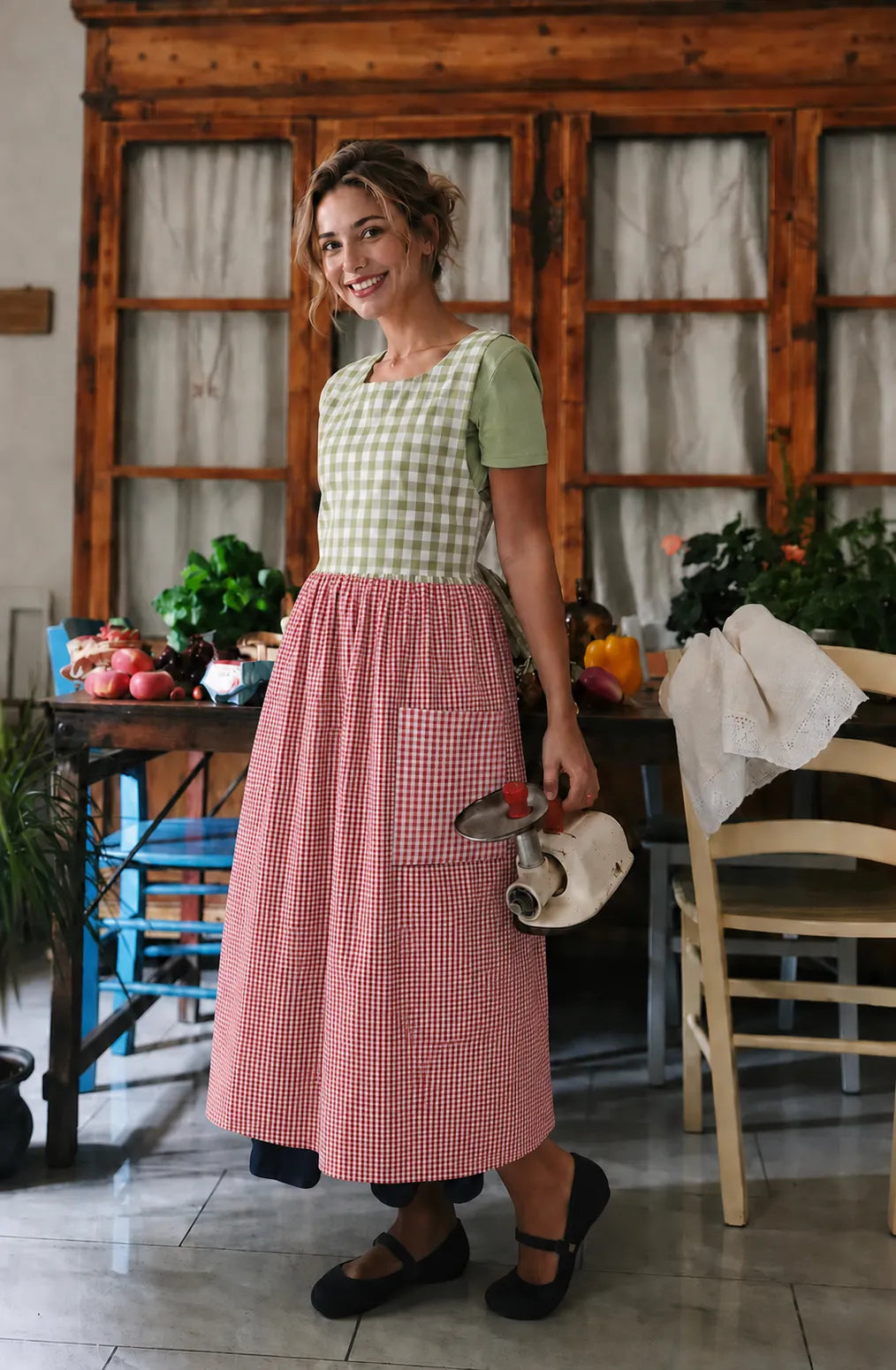 Women's Casual Plaid Apron with Ties