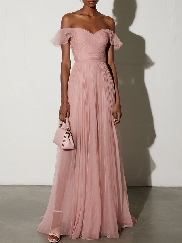 Pink Ruffled Pleated Tulle Off The Shoulder Short Sleeve A-Line Gown Dress